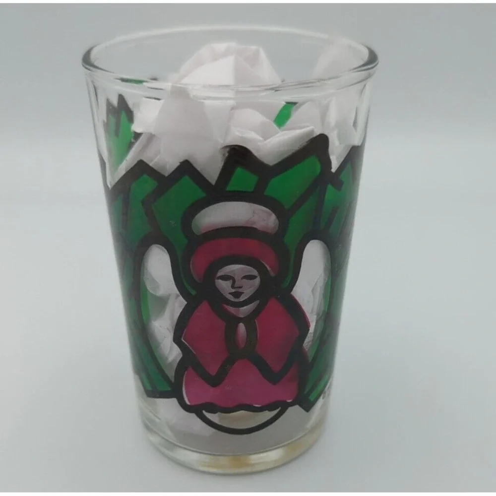 1973 Faroy Stained Glass Christmas Votive‎ Holder Red Fly Agaric Santa Angel